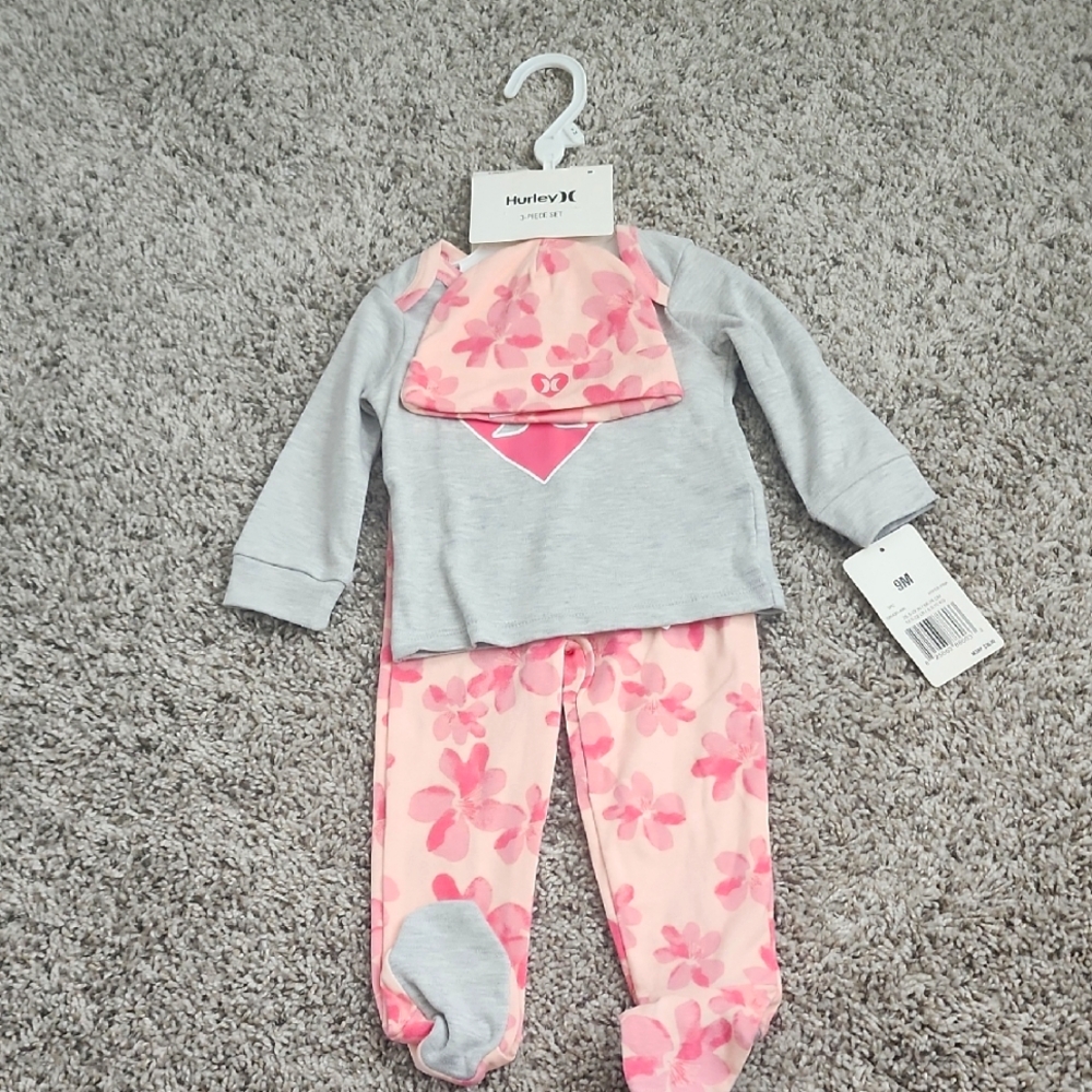 NWT Hurley Gray & Pink Baby 3pc Set with Floral Pants